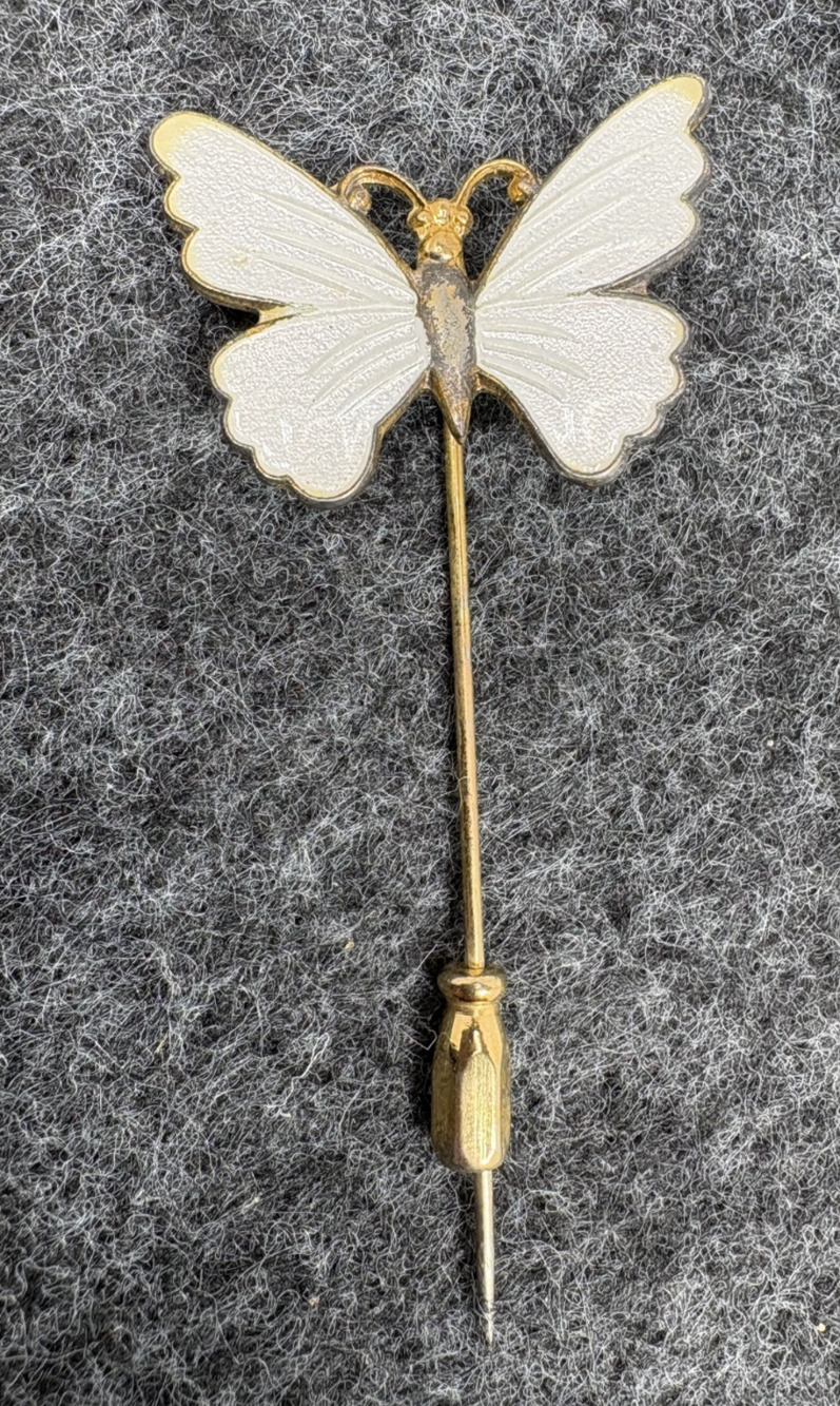 Vintage White Guilloche Enamel Butterfly Stick Pin Hat Pin Gold Tone Estate